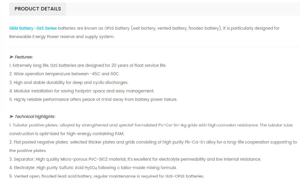 GEM Battery I OPzS batteries 2V-800AH for Solar/Wind-Power/Telecome systems